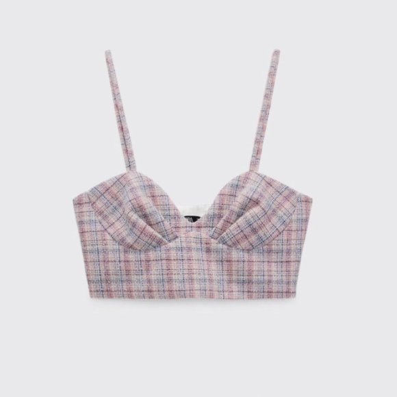 Pink and blue plaid tweed crop top - xs - Picture 3 of 6